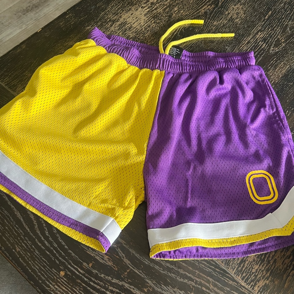 Overtime Bold Yellow and Purple Basketball Shorts with Elastic Waistband